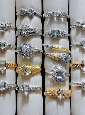 天然海蓝宝戒指925银戒指海蓝宝石镶嵌戒指海蓝色宝石赠鉴定证书