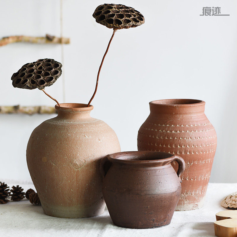 手工粗陶花瓶复古陶罐插干花花器做旧仿古土红陶罐多肉花盆坛子,家居饰品,花瓶,淘宝优惠券,粉丝福利购,淘宝优惠卷