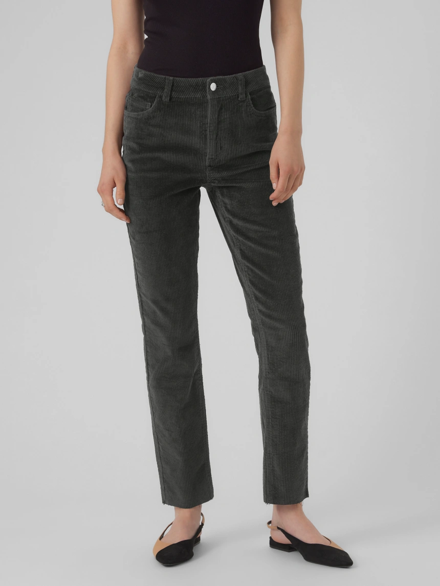 原单外贸大牌欧美修身显瘦高腰墨绿剪边小直筒弹力灯芯绒女裤