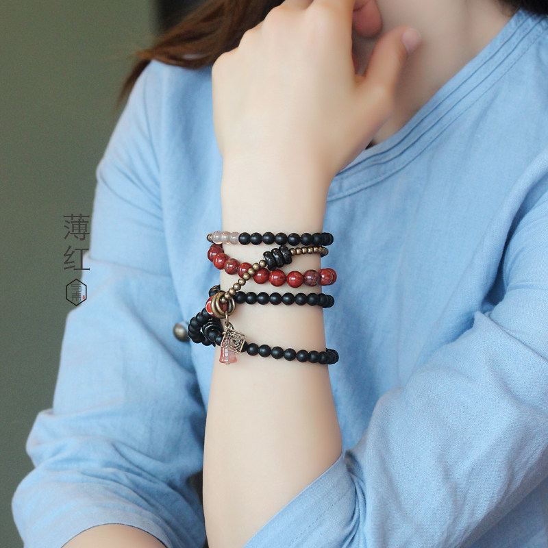 黑玛瑙防小人手链女 天然彩虹石职场开运 黄铜混搭文艺毛衣链原创