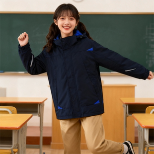新款上海闵行藏青色棉服校服单外套女男童冬季冲锋衣防寒服保暖
