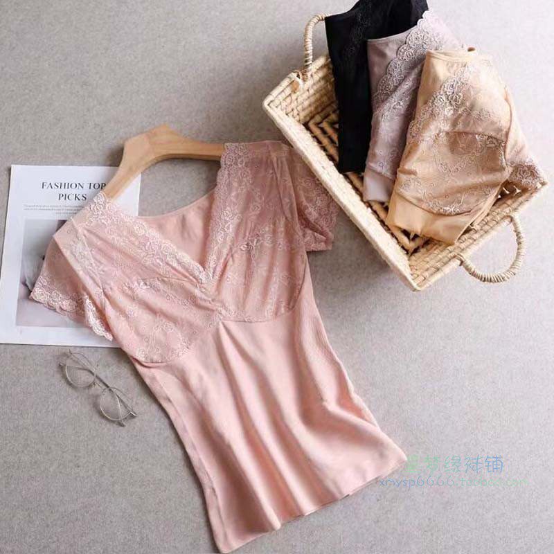 丽之源 V领蕾丝花边短袖塑身内衣女背心无缝收腹打底衫塞德纳371