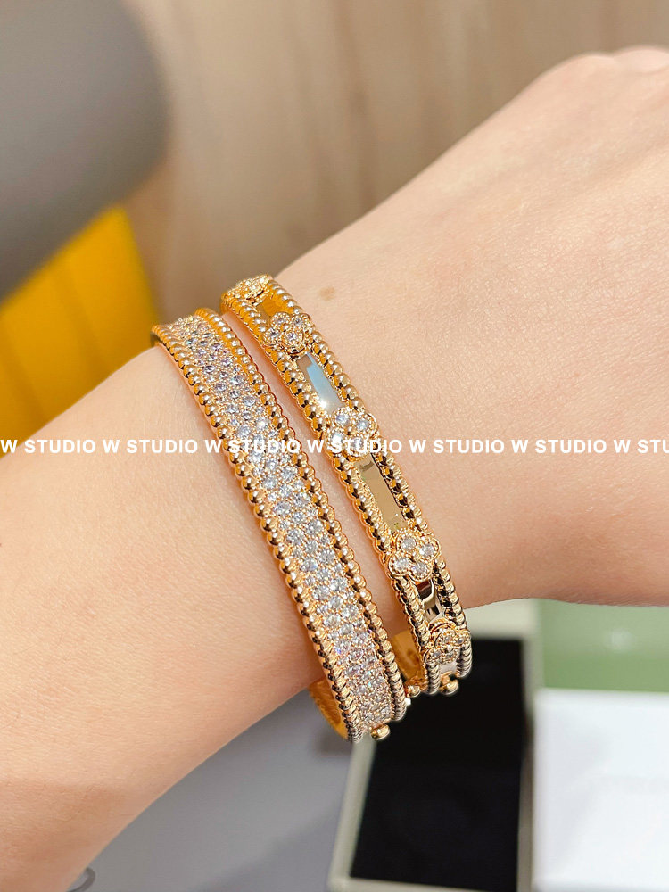 W STUDIO 经典百搭 圆珠边宽版满钻手镯 窄单排钻戒指 玫瑰金色