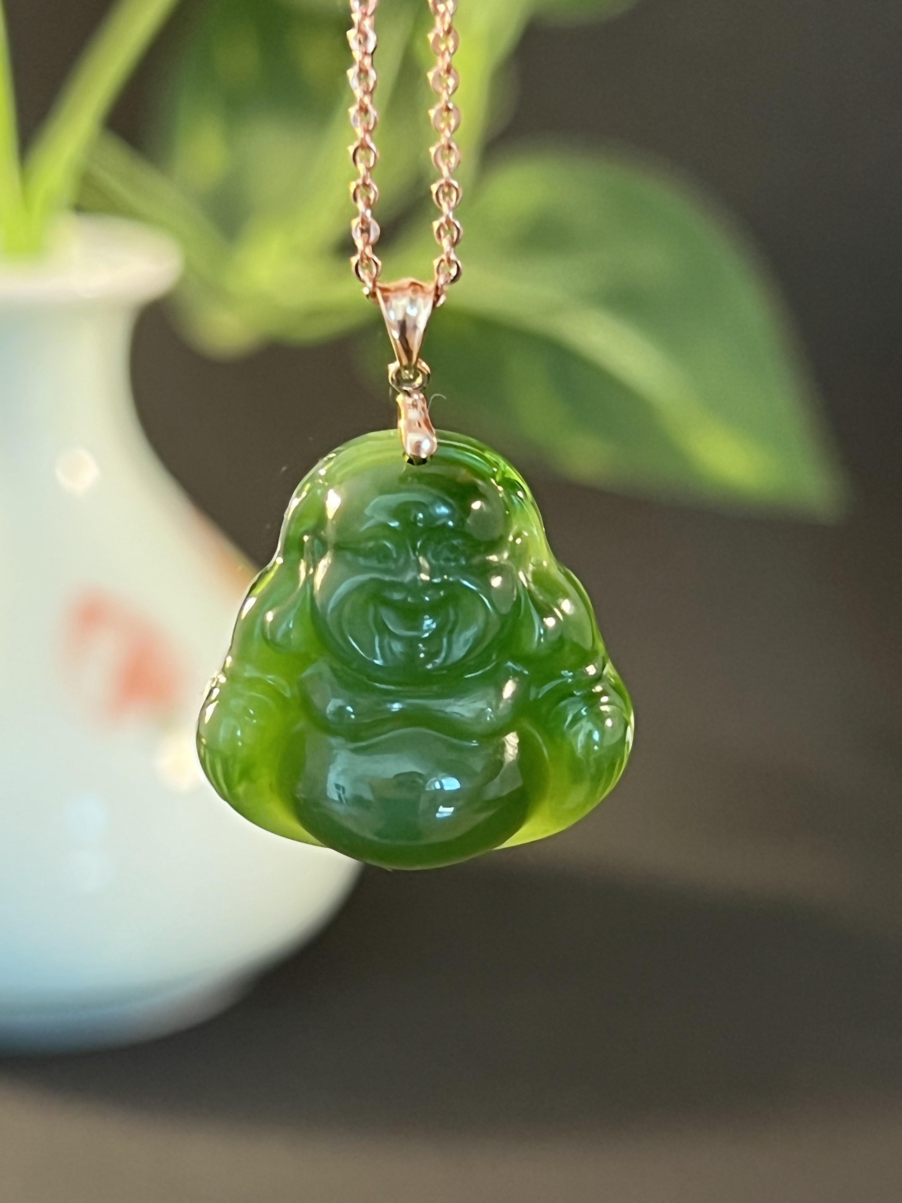 和田玉碧玉18K金镶玉小佛项链