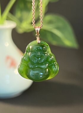 和田玉碧玉18K金镶玉小佛项链
