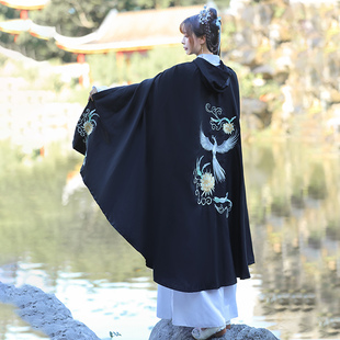 汉服斗篷披风女薄款黑色春夏神鸟重明鸟昙花绣花原创古风中国风