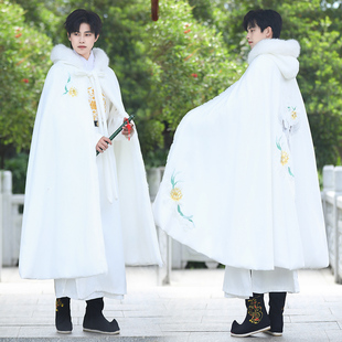 汉服斗篷男冬季加厚加绒披风原创重明鸟绣花白色仿狐狸大毛领大摆