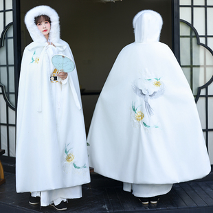汉服斗篷女冬加厚加绒重明鸟绣花长款保暖白色披肩中国风大毛领