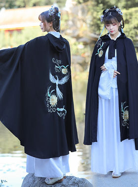 汉服女斗篷重明鸟昙花薄款黑色