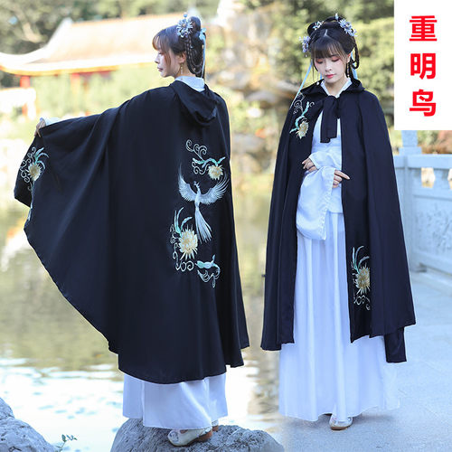 汉服女斗篷重明鸟昙花薄款黑色