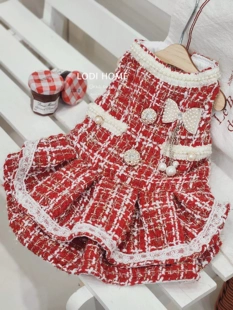 洛迪家秋冬比熊博美贵宾红色小香风连衣裙泰迪猫狗宠物小中型犬