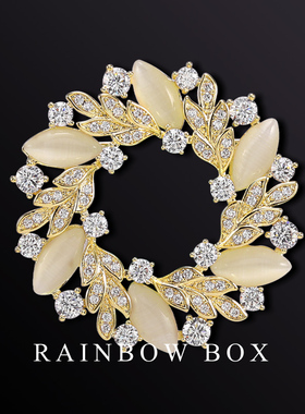 RAINBOW圆形花环猫眼石胸针女 高档胸花秋冬别针毛衣领针妈妈礼物