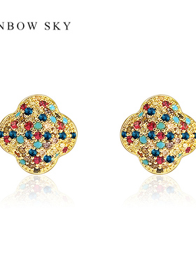 四叶草锆石耳钉百搭简约花朵耳环小清新风耳饰节日礼物送女友新潮