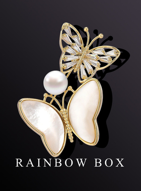 RAINBOW鸳鸯蝴蝶珍珠贝壳胸针高档女 小众设计感胸花西装别针配饰