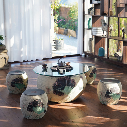 创意田园户外庭院小花园茶几鱼缸新中式阳台茶室装饰家具凳子茶台