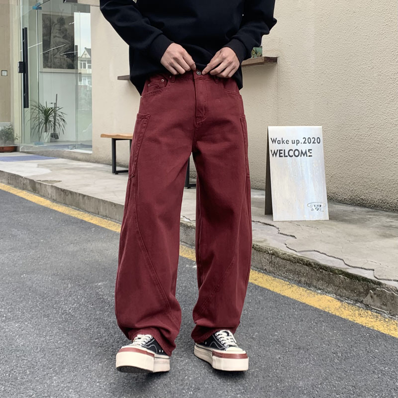 2024秋冬新款高端红色弯刀牛仔裤男直筒宽松阔腿美式高街潮牌痞帅