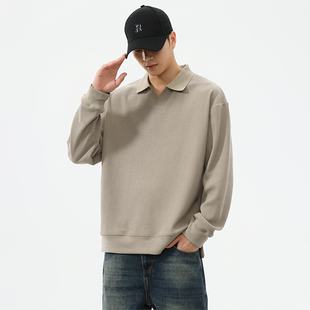 美式复古重磅欧棉绒华夫格卫衣男秋季宽松亨利衫硬汉帅气POLO衫男