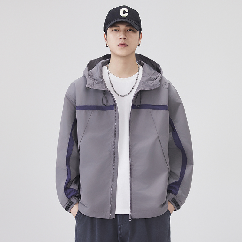 2025秋季新款男士连帽夹克外套百搭简约拼色高档透气时尚休闲外套