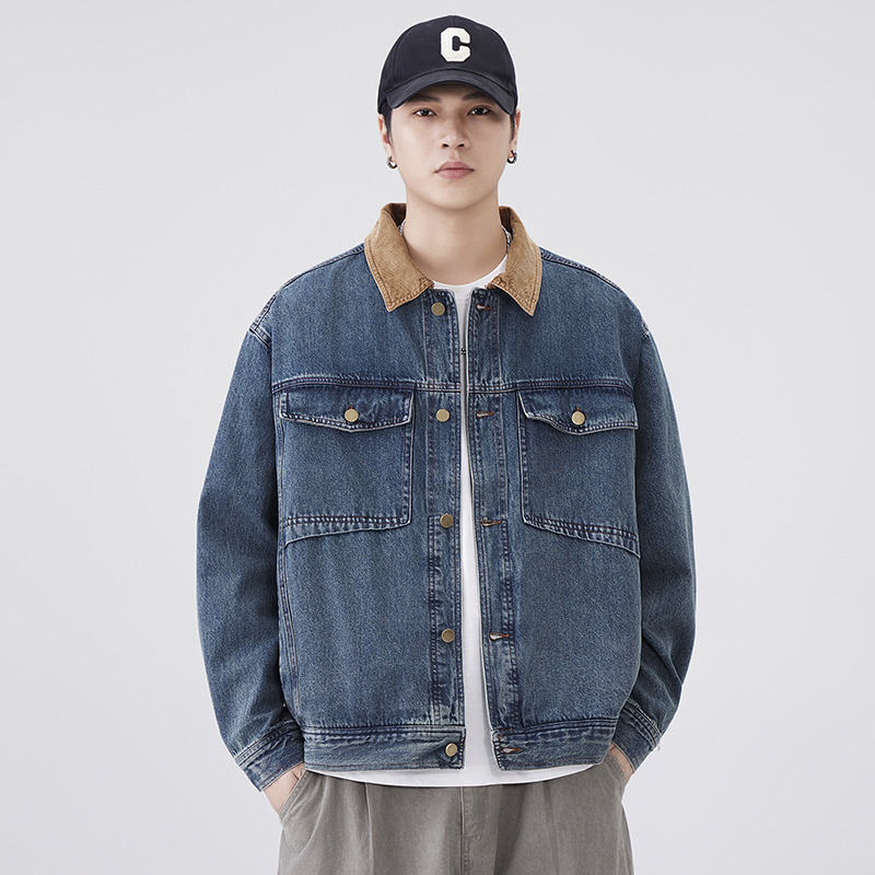 高端美式经典巴恩风复古牛仔外套男士秋季潮流撞色宽松工装夹克男