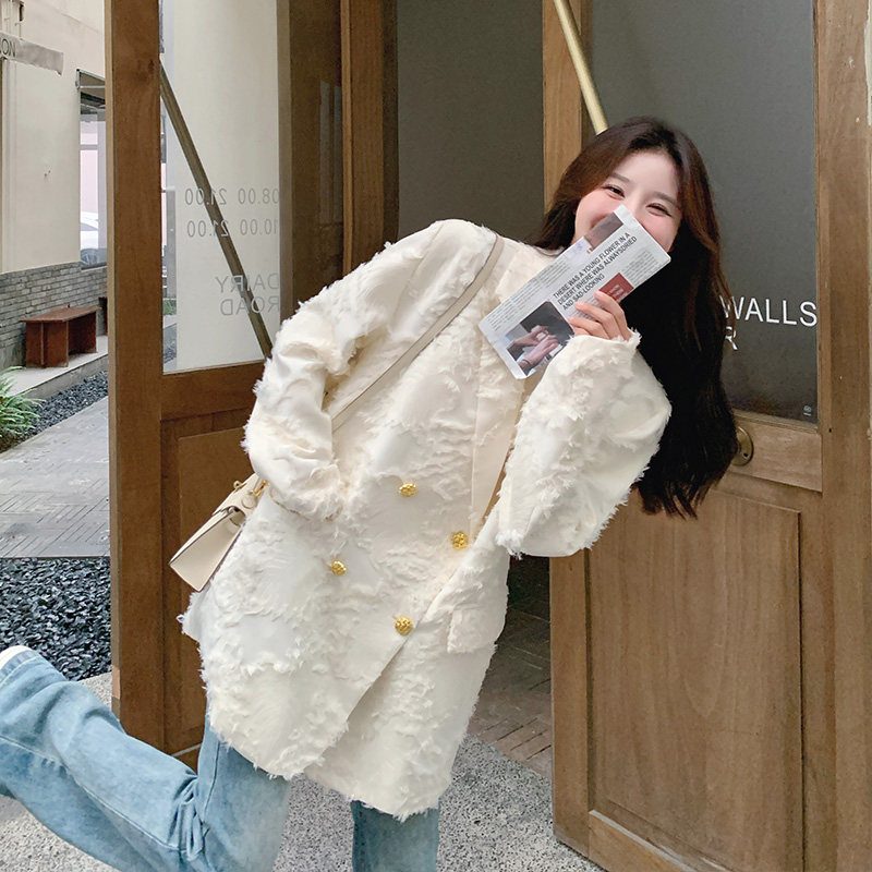 高级小众休闲米白色西装外套女2025春秋超火好看独特流苏设计西服图片