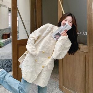 高级小众休闲米白色西装外套女2025春秋超火好看独特流苏设计西服图片