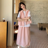 工装粉色连帽马甲半身裙套装女夏2025新款独特漂亮ootd穿搭两件套，女装套装/套裙，2C339