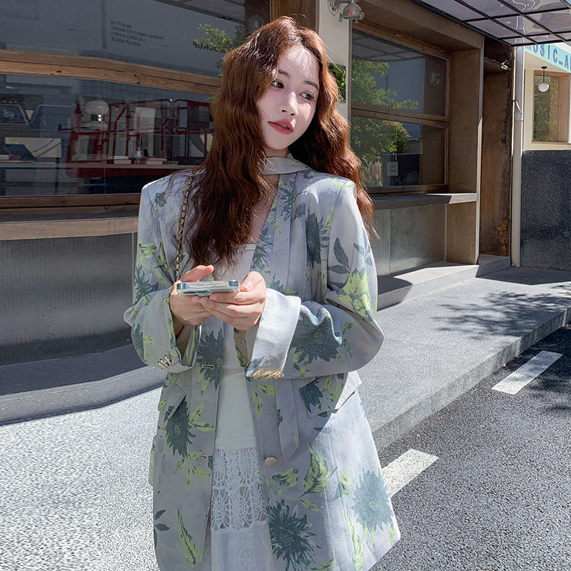 设计感复古印花西装外套女2025秋季新款小个子巨好看气质时尚西服,女装西装,2C339