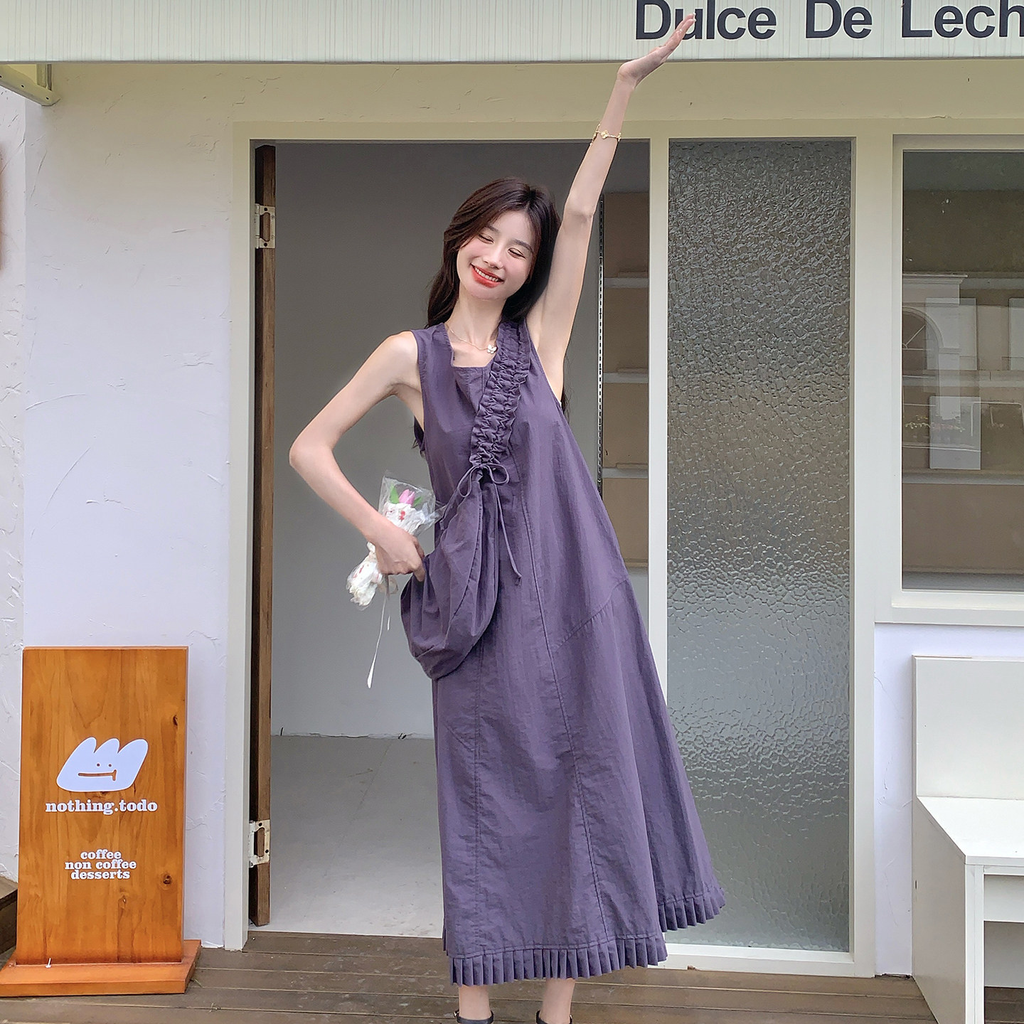 紫色无袖连衣裙女夏季2025新款高级感流行独特小众绝美背心裙长裙,女装连衣裙,2C339