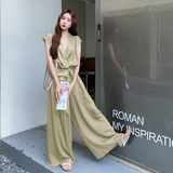新增卡其色气质亚麻上衣阔腿裤两件套2C339-6605-P175-K235，女装套装/套裙，2C339