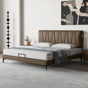 薄床头真皮床意式极简双人主卧室软包床1.8米x2米现代轻奢小户型