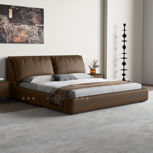 意式极简真皮床主次卧双人床现代简约轻奢风皮艺床主卧软包婚床