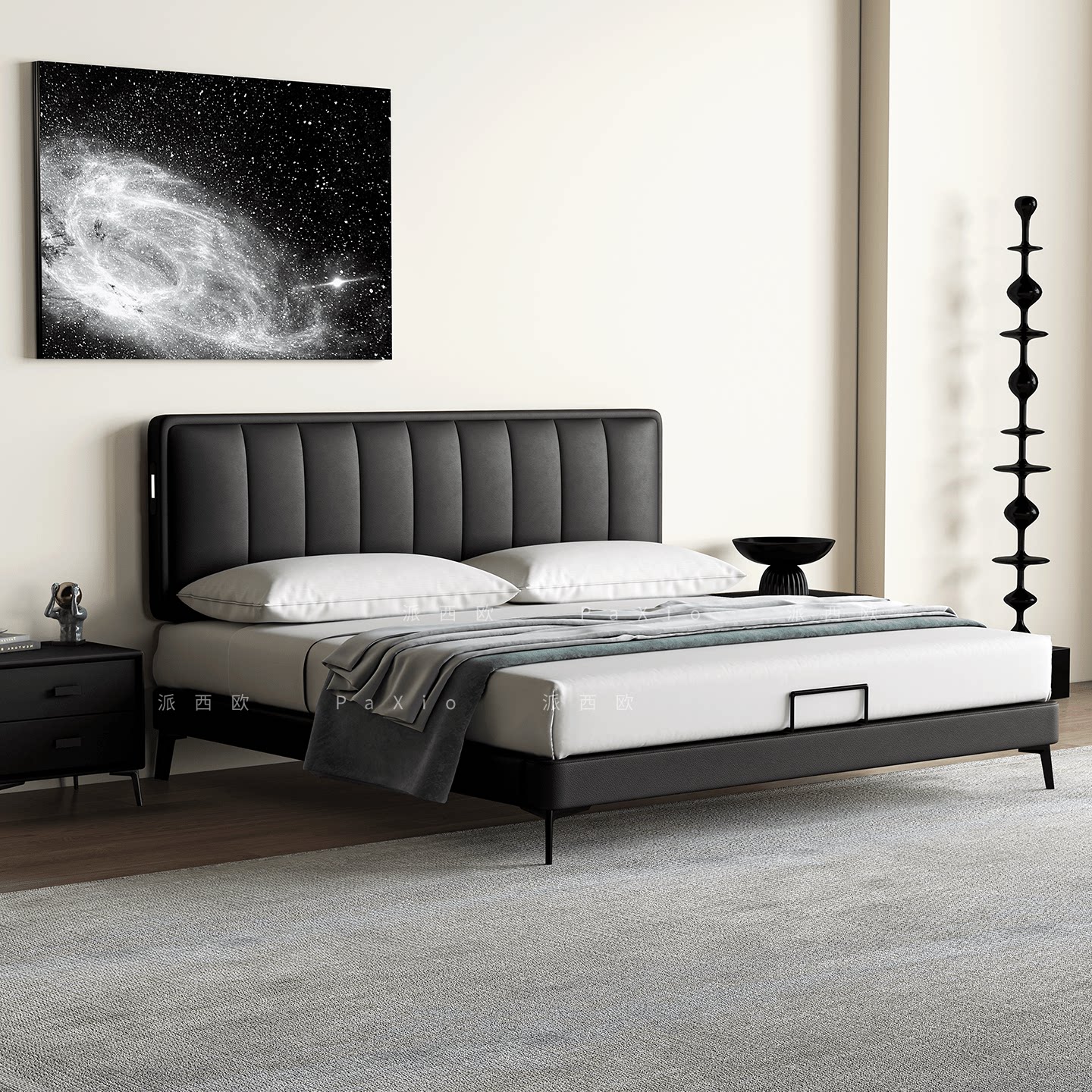 派西欧钢琴键超薄床头主卧小户型极薄双人卧室现代简约储物真皮床