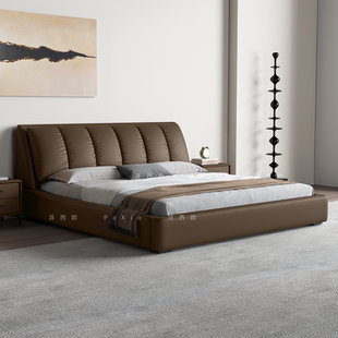 意式极简真皮床主次卧双人床现代简约轻奢华夫格床1.8m大床婚床
