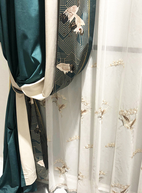 新中式棉麻绒布墨绿色拼接窗帘绣花窗纱客厅书房别墅中国风仙鹤