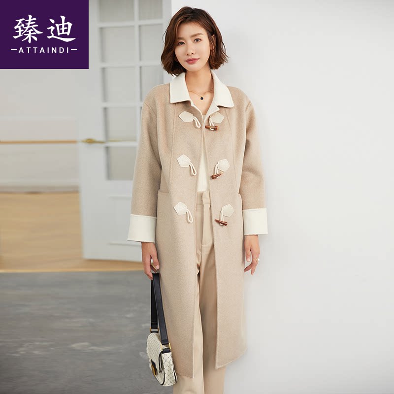 宽松加厚羊毛双面呢牛角扣大衣