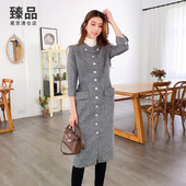 春秋圆领单排扣修身 连衣裙女收腰显瘦花灰色风衣女两穿外套女