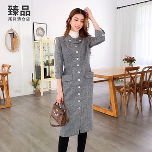 春秋圆领单排扣修身连衣裙女收腰显瘦花灰色风衣女两穿外套女