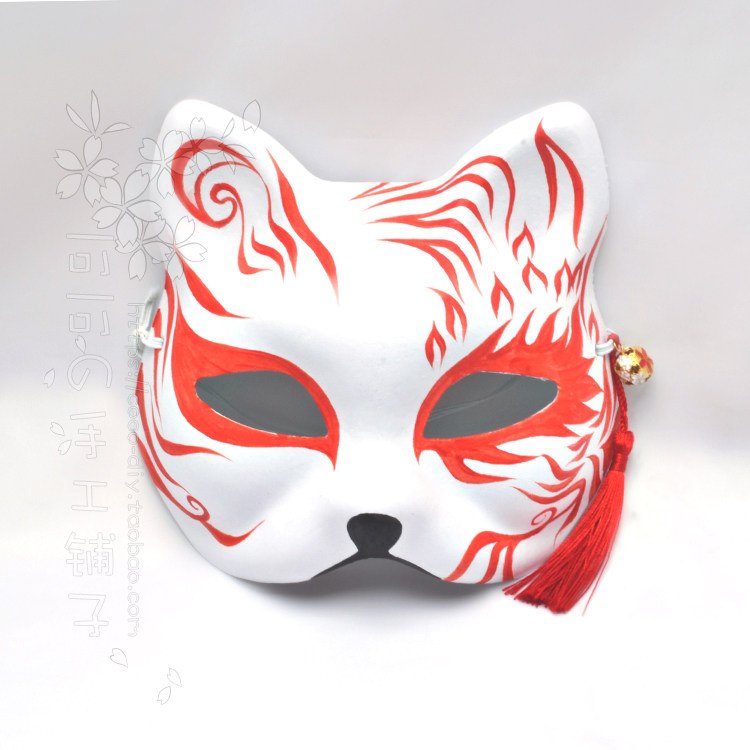 手工定制手绘狐狸猫面具古风动漫cosplay舞会红色火焰流苏铃铛