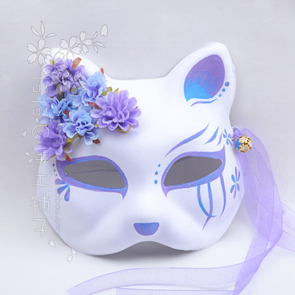 定制古风汉服狐狸猫面具手绘动漫 紫蓝色渐变绢花铃铛cosplay包邮