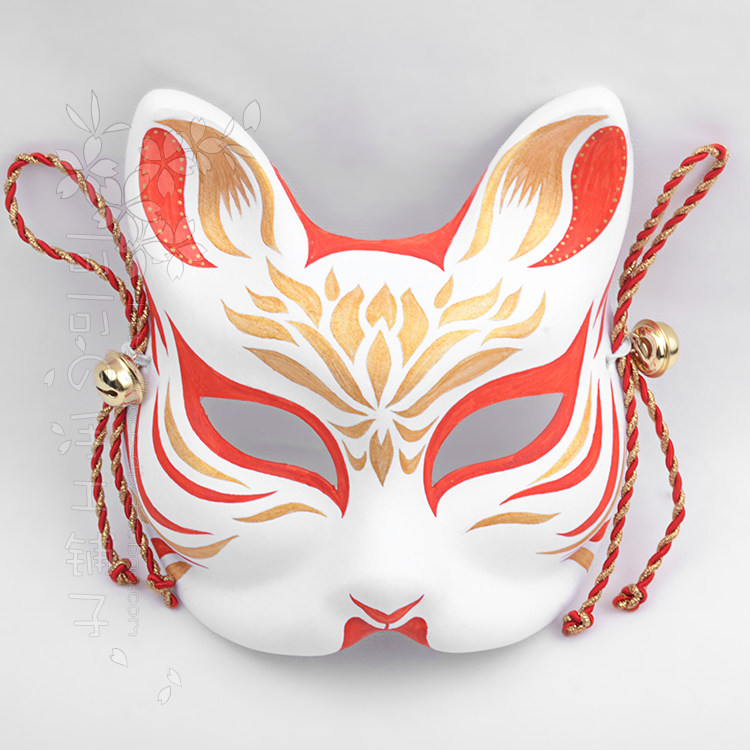 定制手绘狐狸猫半脸面具cosplay古风金色莲花汉服搭配配饰包邮