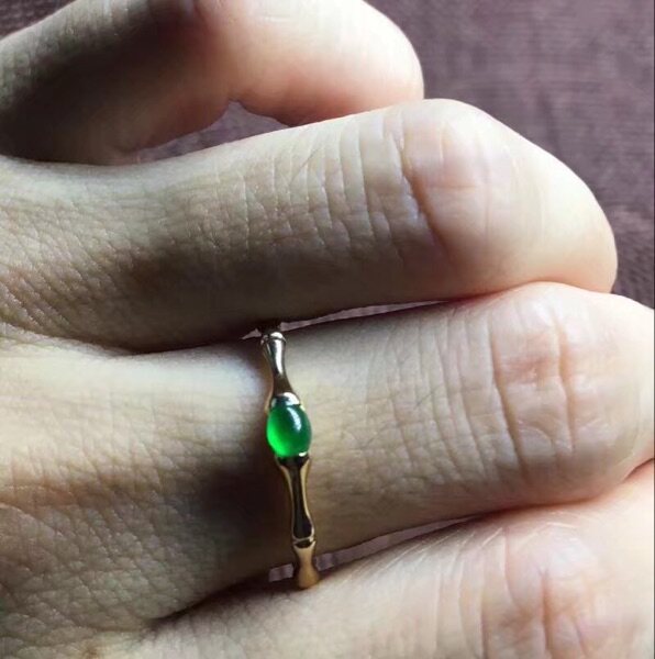 私人定制款 18k黄金白金玫瑰金 镶嵌翡翠 竹节戒指