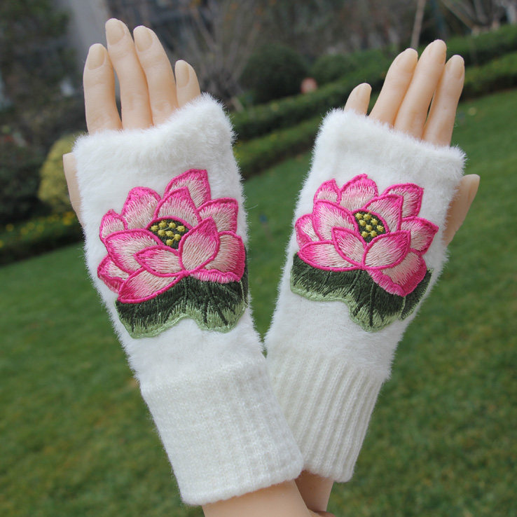 民族风刺绣花女防冻秋冬季手套加绒加厚保暖骑行触屏露指护腕手套