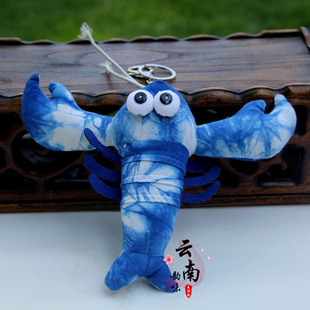新款云南大理白族古城扎染蓝染布艺龙虾钥匙扣挂件挂饰超萌包挂