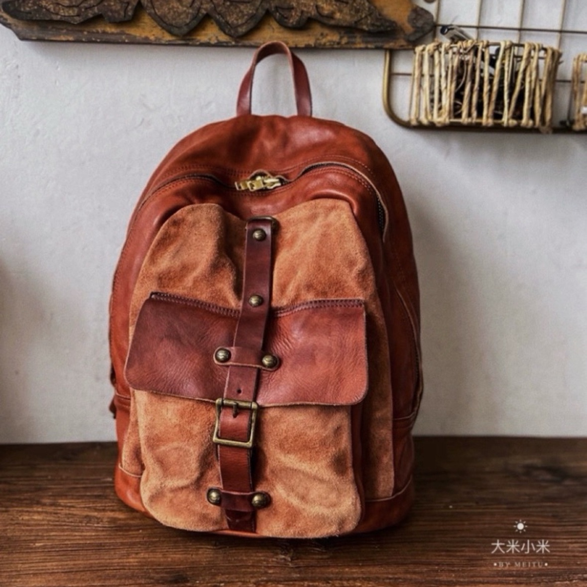 复古小鱼背包男双肩包牛皮休闲女