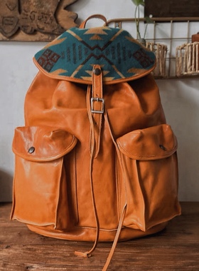 RRL真皮双肩包男士伞兵复古潮流休闲大容量抽绳牛皮轻便电脑背包