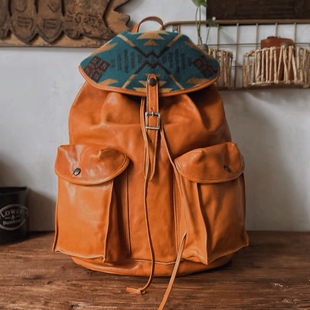 RRL真皮双肩包男士 伞兵复古潮流休闲大容量抽绳牛皮轻便电脑背包