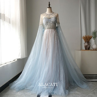 大蝴蝶结浅蓝色梦幻晚礼服新娘敬酒表演出口 水袖 新款 高端奢华长款