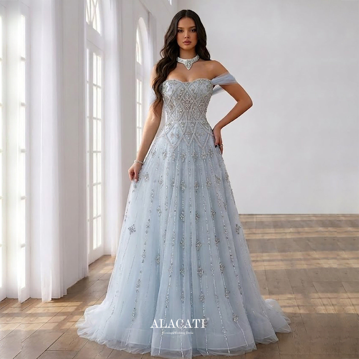 Alacati外贸高端奢华一字肩遮肚显瘦A摆大码晚礼服女名媛晚宴出口