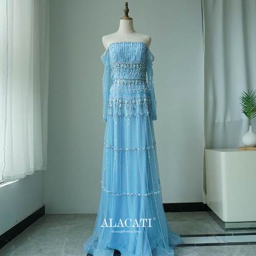 长袖晚礼服alacati一字肩A摆