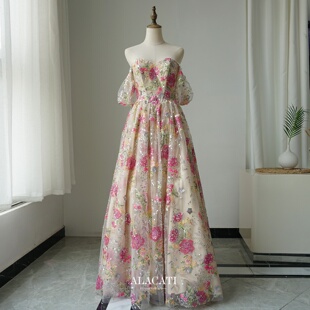 Alacati外贸高端花色一字肩高腰遮肚显瘦A摆晚礼服女晚宴年会出口